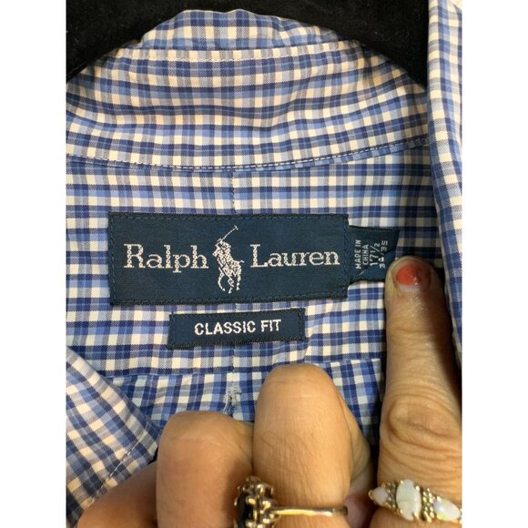 Ralph Lauren Men's Classic Fit Button-Down Gingham Shirt Size 17.5 Blue - Picture 3 of 11